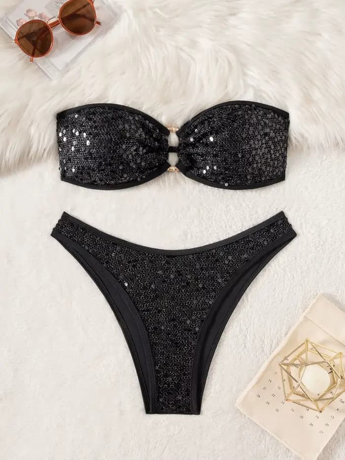 Bikinis bandeau sexy à paillettes pour femmes, maillot de bain 2 pièces avec anneaux, tenue de plage