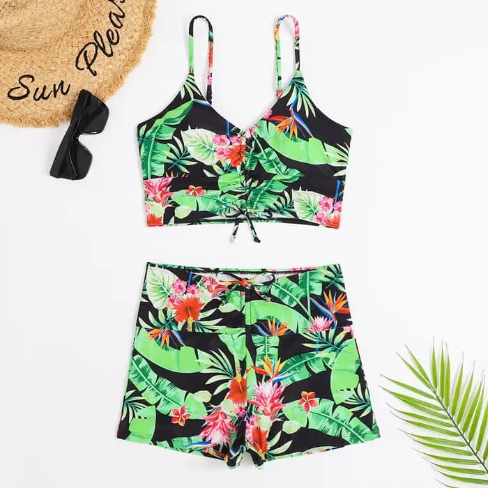 Taille haute Bikini maillot de bain femmes 2024 imprimé fleuri maillots de bain cordon avant Shorts 