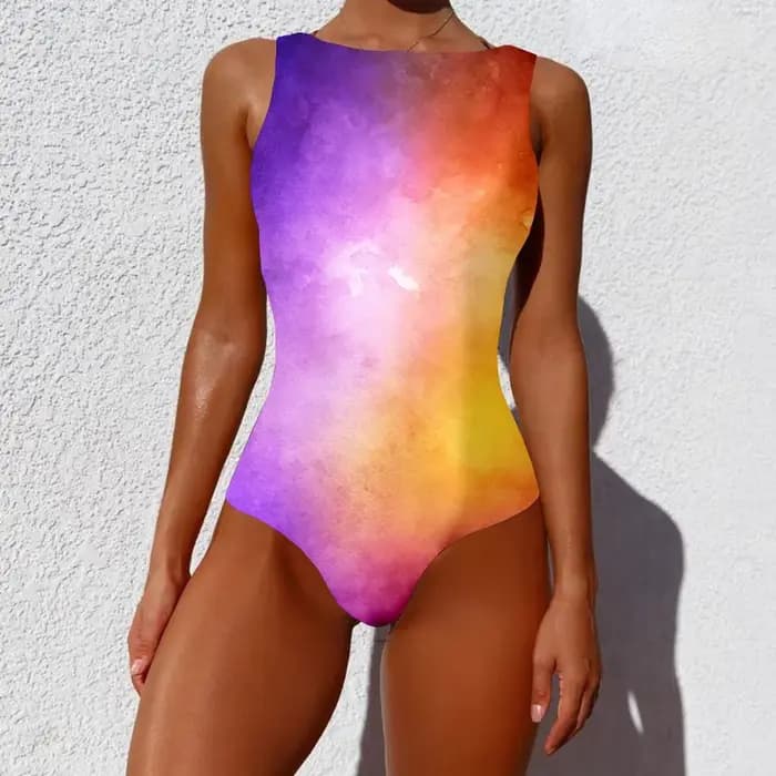 Maillot de bain une pièce couleurs arc-en-ciel imprimé nébuleuse, vêtements de sport décontractés, v