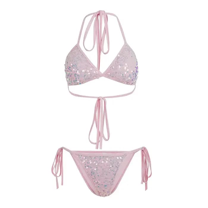 Ensemble de bikini sexy en dentelle rose à lacets pour les vacances à la plage, micro bikini pour fe