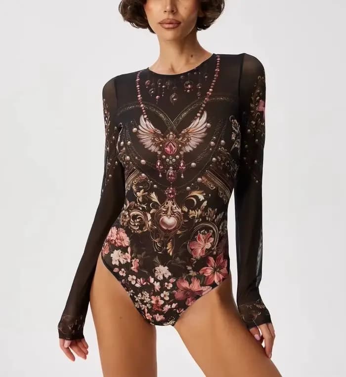 Maillot de bain une pièce imprimé tatouage, manches longues, Protection contre les éruptions cutanée