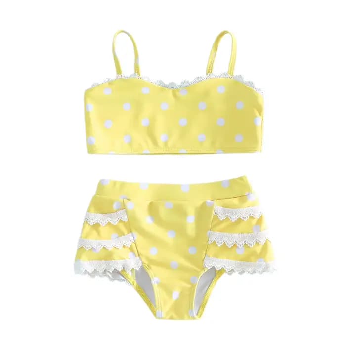 Ensemble de maillot de bain pour petite fille de 1 à 7 ans, imprimé à pois, avec garniture en dentel