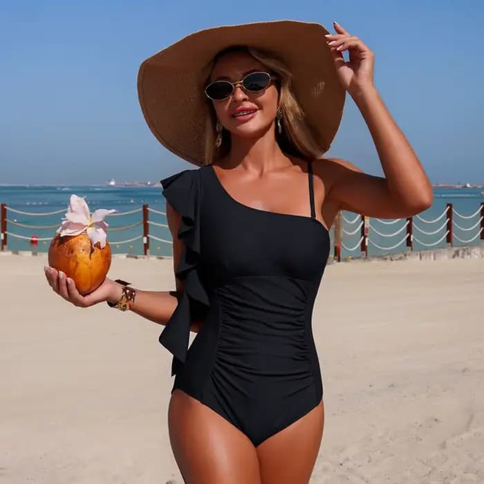 Nouvelle Collection 2026 : Maillot de Bain Femme Une Pièce Couleur Unie, Épaule Dénudée, Séchage Rap