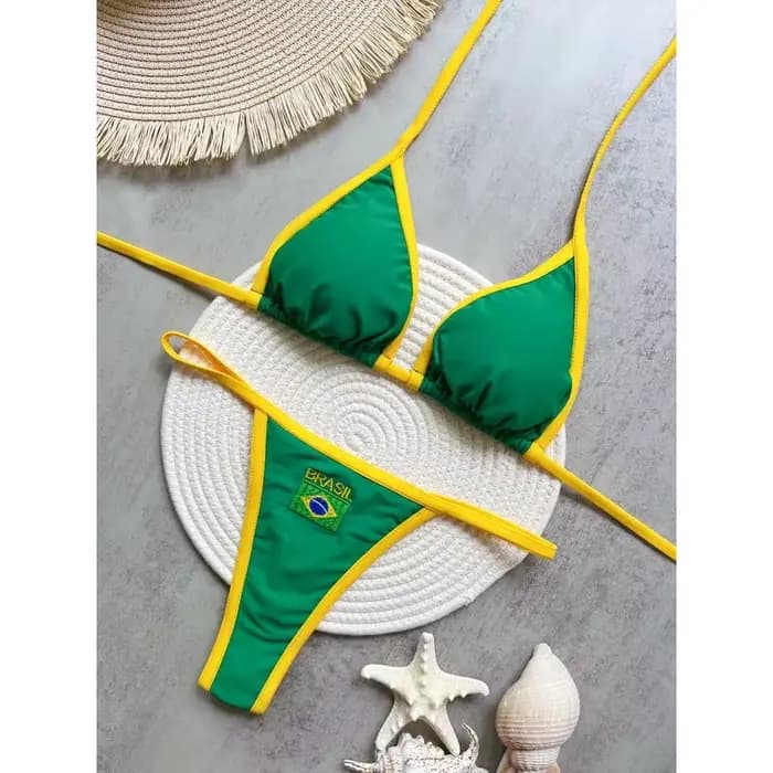 Broderie drapeau du brésil contraste fendu Bikini ensemble femmes maillots de bain Patchwork maillot