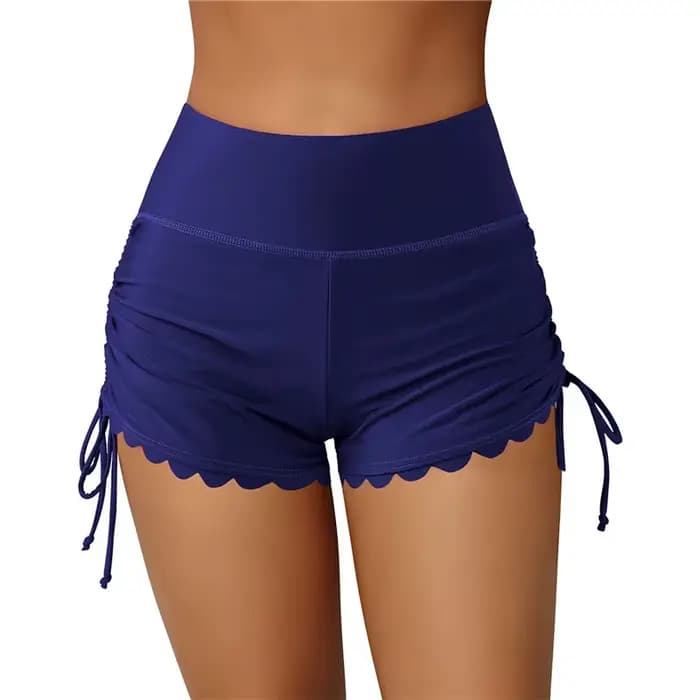 Short de bain pour femmes, taille haute, cordon de serrage, ourlet ondulé, couleur unie, bas de surf