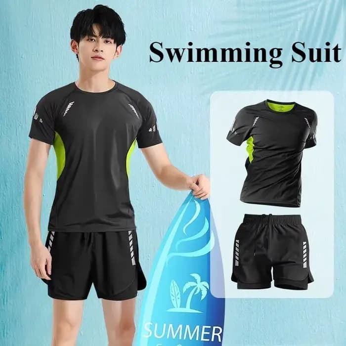Maillot de bain homme 2026 col rond manches courtes taille mi-haute imprimé coupe ajustée t-shirt de