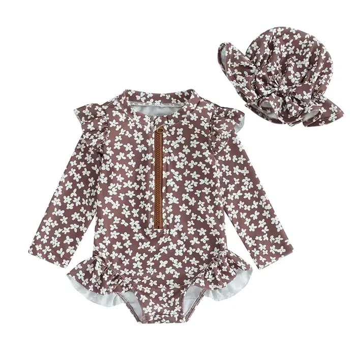 Maillot de bain pour petites filles, manches longues, fermeture éclair, à volants, vêtements d'été