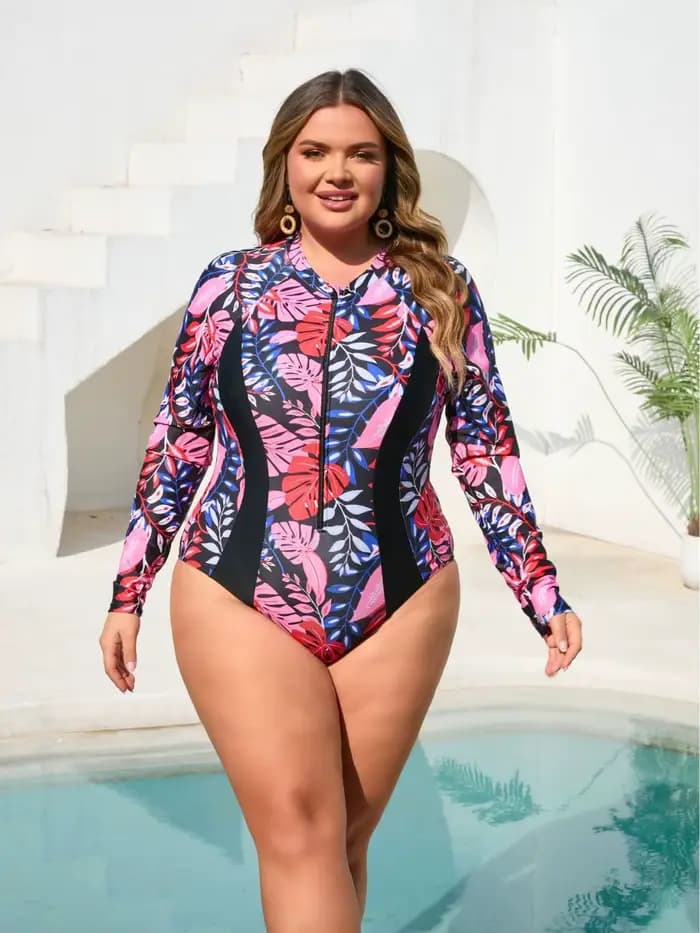 Maillot de bain grande taille pour femme, manches longues, fermeture éclair avant, protection anti-U