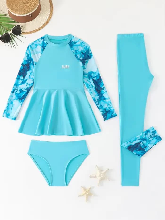 Maillot de bain pour filles 2026 Nouvelle collection – Ensemble 3 pièces tie-dye uni à manches longu