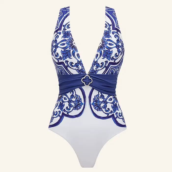 Femme maillots de bain 2025 robe de plage col en V classique majolica série motif imprimé une pièce 