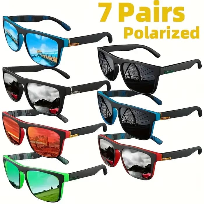 Lunettes de soleil polarisées carrées, 7 paires, Anti-éblouissement, pour fête d'été, vacances, voya