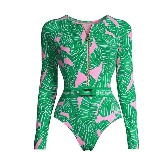 Maillot de bain une pièce imprimé floral, col en v, manches longues, imprimé floral, jupe, vêtements