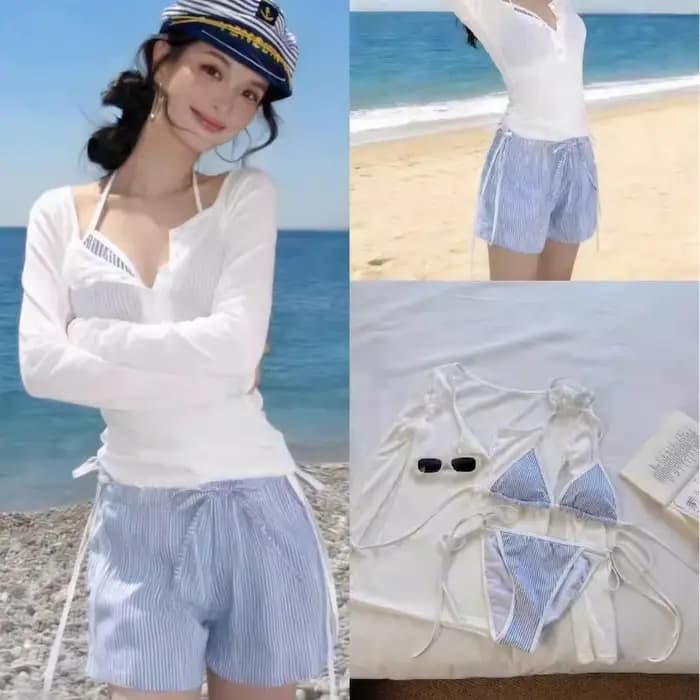 Maillot de bain quatre pièces coréen pour femme, haut à manches longues, style Ins, pour les vacance