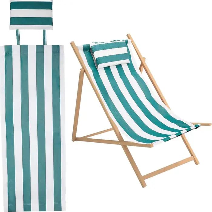 Chaise de plage en toile avec oreiller, 44x17, rayures vertes et blanches, chaise longue décontracté
