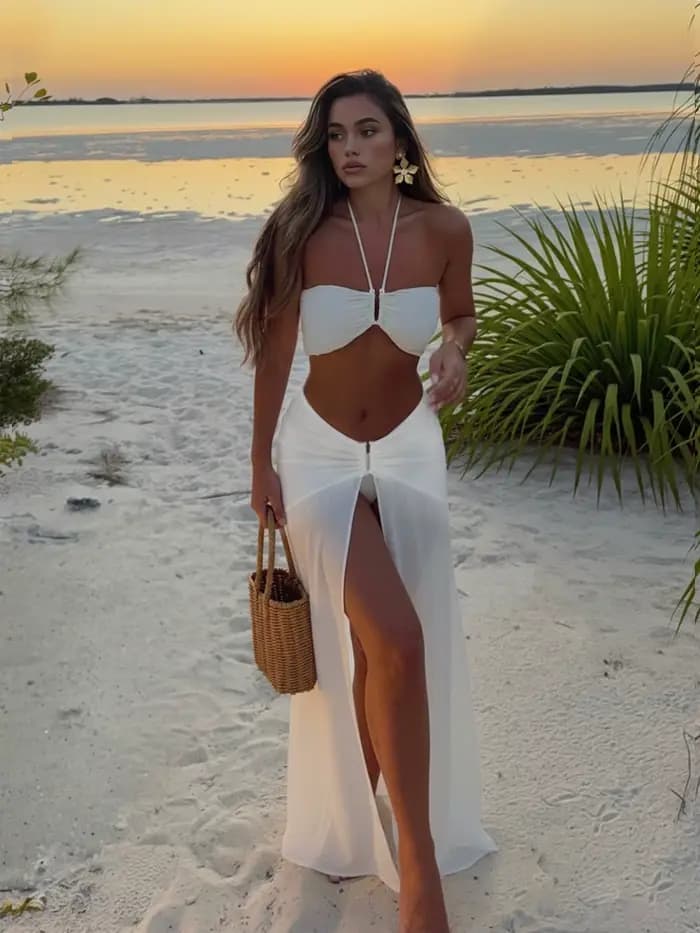 Ensemble Bikini 3 pièces à col licou avec jupe Maxi fendue transparente, robe de plage blanche Sexy,