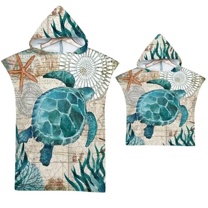 Serviette à capuche en microfibre à séchage rapide avec imprimé 2D de tortue marine, pour enfants et