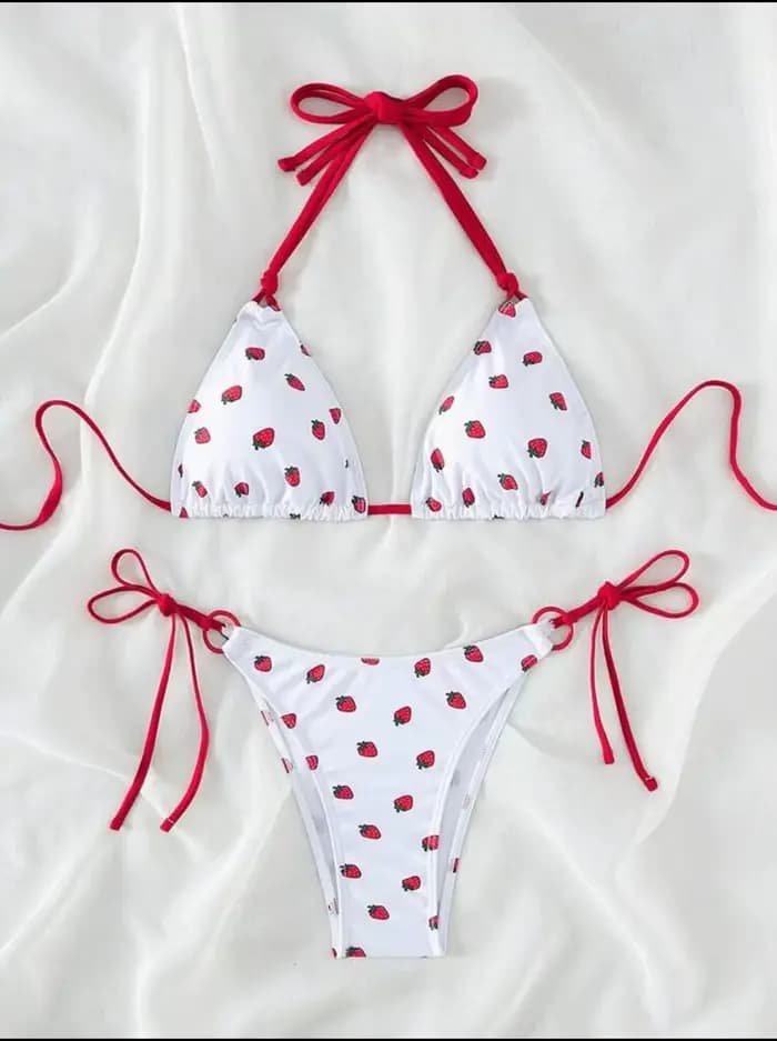 Maillot de bain deux pièces imprimé fraise, sexy, micro, col licou, string, ensemble deux pièces, co