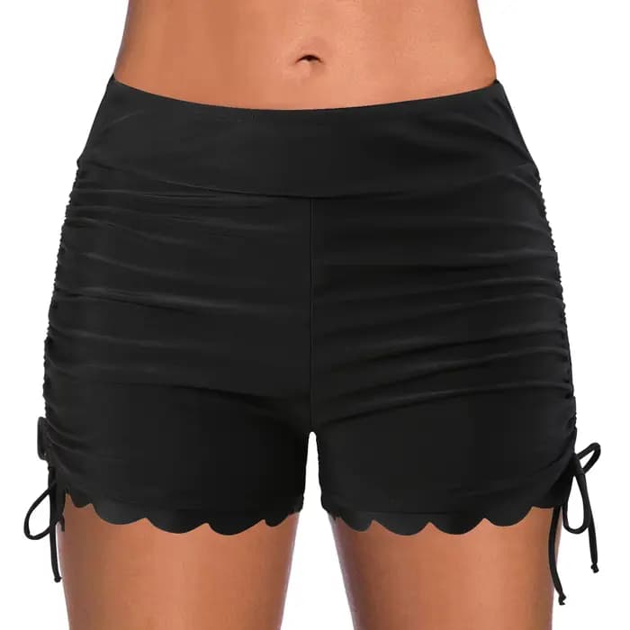 Short de bain femme taille haute avec cordon de serrage, ourlet ondulé à volants, couleur unie, pour