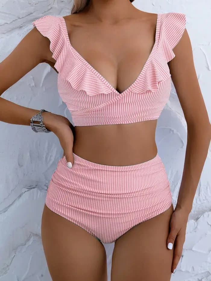 Ensemble bikini rose rayé à volants pour femmes, maillot de bain deux pièces froncé à col en V et ta