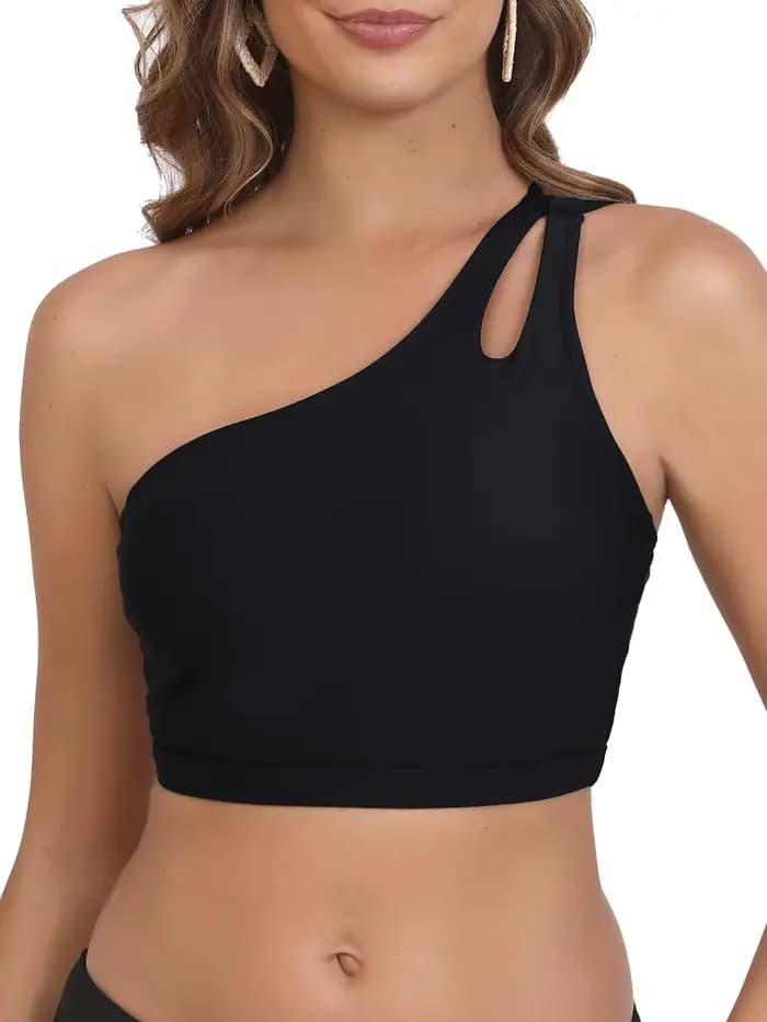 2026 Haut de maillot de bain asymétrique à une épaule, rembourré, style sportif, uni, pour femme