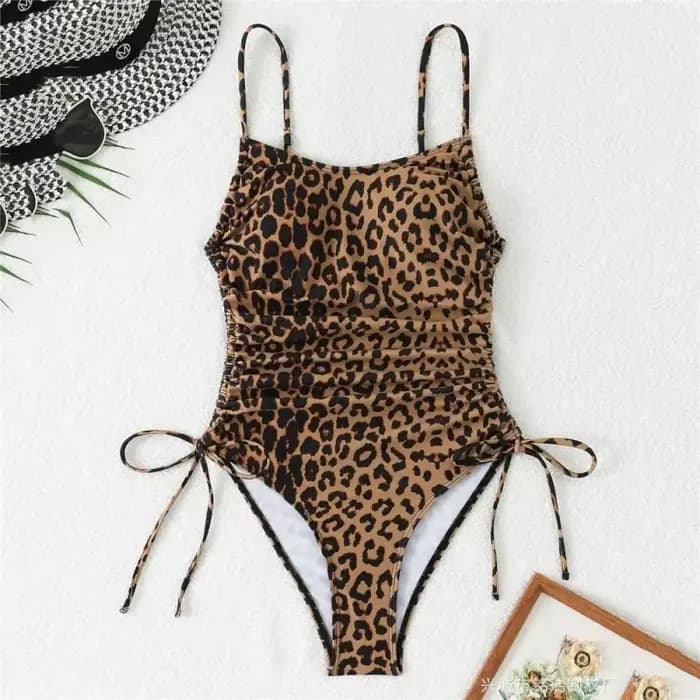 Maillot de bain une pièce sexy imprimé léopard pour femme, dos nu, avec cordon de serrage latéral et