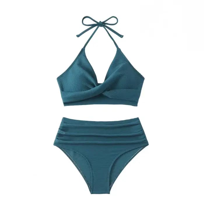 Ensemble bikini 2 pièces plissé pour femme, avec soutien-gorge halter rembourré et short de bain tai