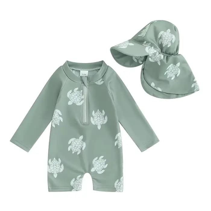Maillot de bain à manches longues et fermeture éclair pour bébé garçon, maillot de bain avec chapeau