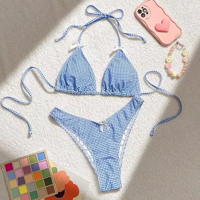 Maillot de bain deux pièces imprimé à carreaux bleus pour femmes, Sexy, bretelles avec nœud, dos nu,