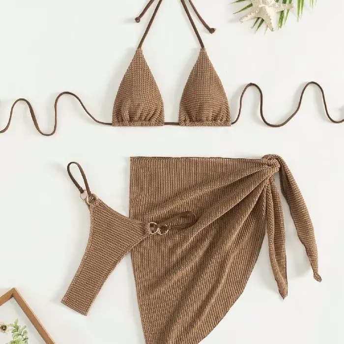 Sexy marron Bikini ensemble 2025 femmes licou Push Up soutien-gorge jupe 3 pièces maillot de bain ét