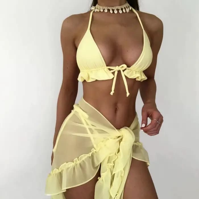 Maillot de bain sexy à lacets pour femme, ensemble bikini avec jupe plissée en maille, maillot de ba