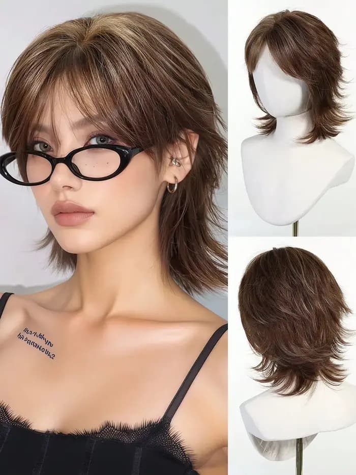 Perruque mulet courte de 12 pouces avec frange, cheveux raides synthétiques, style femme, perruque c