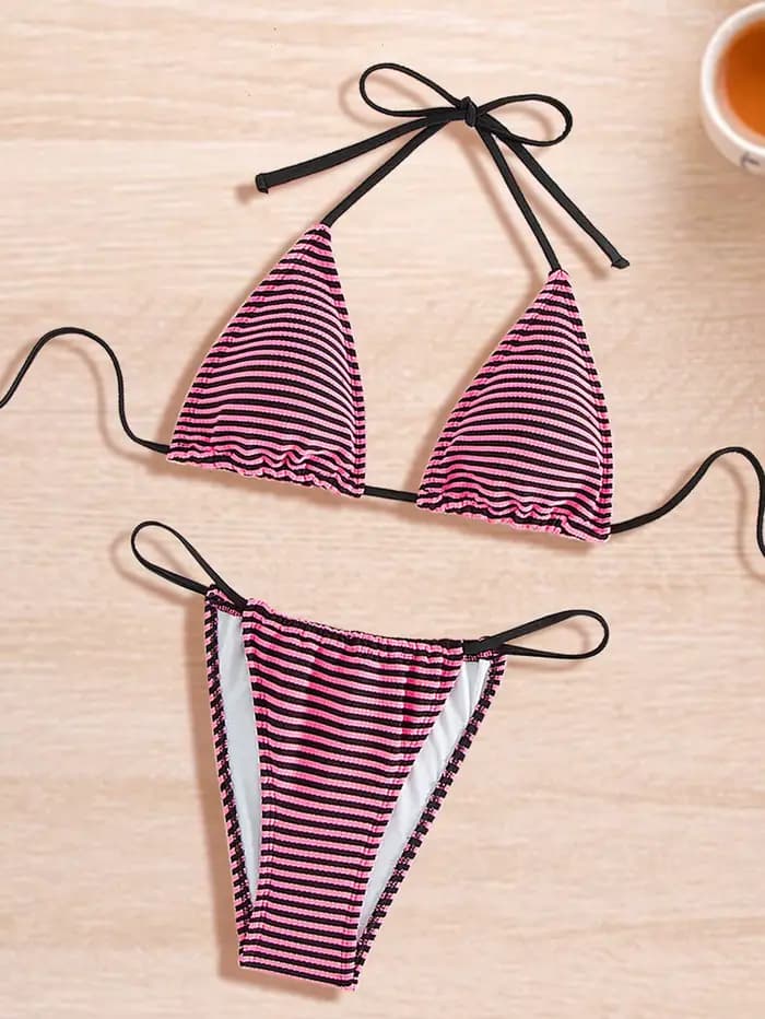 Maillot de bain à rayures pour femmes, sexy, bikini, micro, ensemble deux pièces, bandage, vêtements