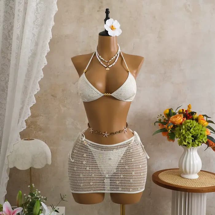 Ensemble bikini trois pièces en maille à sequins avec jupe, bikini à volants et à franges, maillot d