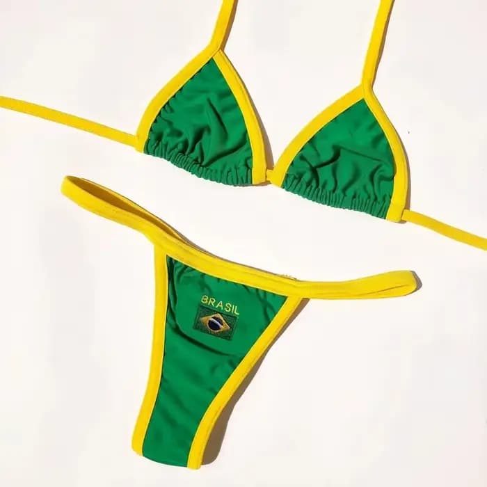 Broderie drapeau du brésil contraste fendu Bikini ensemble femmes maillots de bain Patchwork maillot