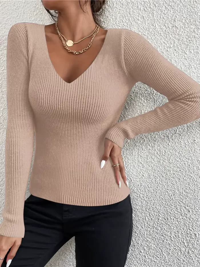 Pull-over Femme Y2K en Maille Côtelée Unie à Col en V et Rayures, Manches Longues, Collection Automn