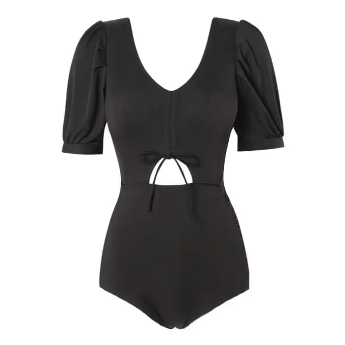 Maillot de bain une pièce froncé sur le devant pour femme, monokini noir découpé coréen, vêtement de