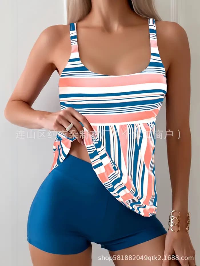 Maillot de bain bikini imprimé amincissant pour femme, coupe plate, style conservateur avec coussine