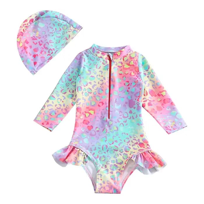 Maillot de bain une pièce avec chapeau de soleil pour petites filles de 1 à 2 3 4 5 6 ans, manches à