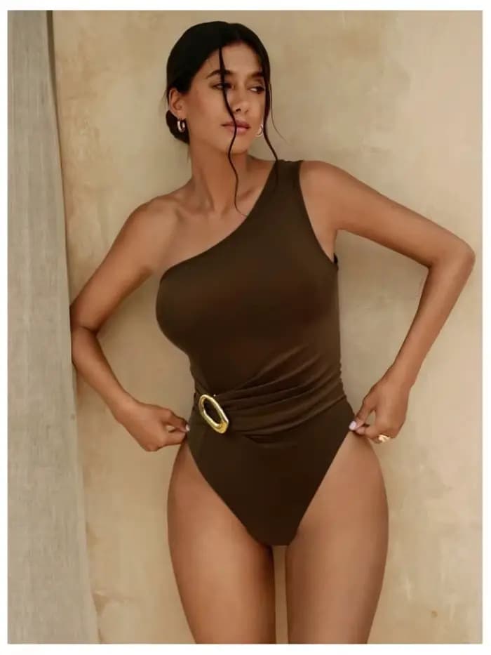 Cikini marron maillot de bain bijoux en métal une épaule Style de vacances une pièce été maillot de 