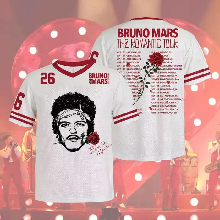 Bruno Mars The Romantic Tour 2026 Maillot de football col en V T-shirt imprimé portrait rose rétro p
