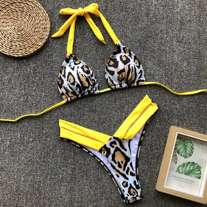 Bikini 2026 Sexy Imprimé Léopard Floral Halter Maillot de Bain Femme Ensemble Bikini Tenue de Plage 