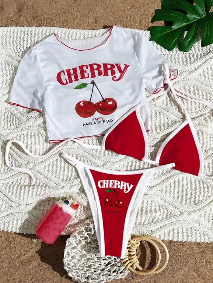 Maillot de bain trois pièces sexy et frais à imprimé cerises, style halter, bleu foncé, collection 2