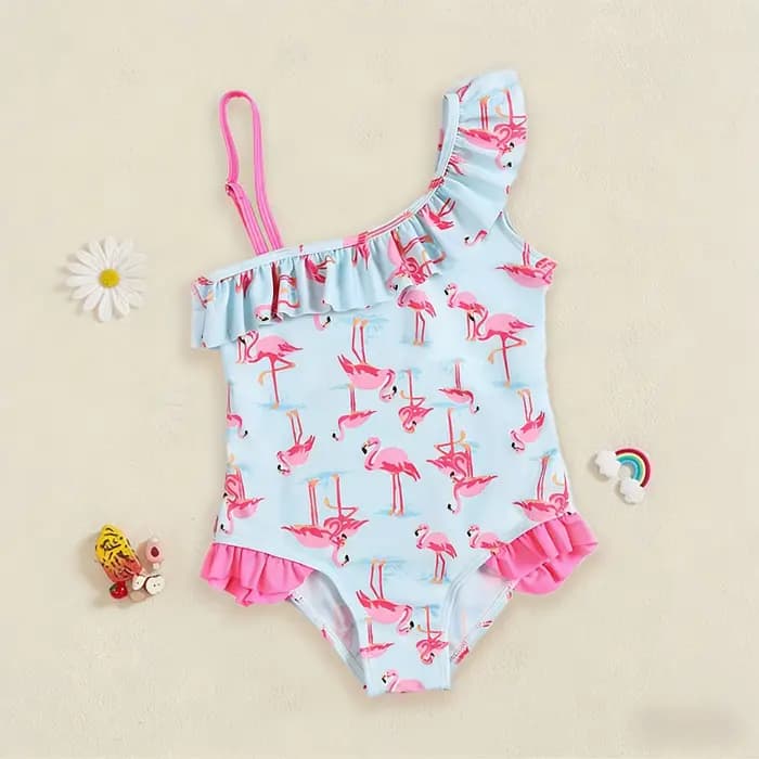 Maillot de bain flamant rose pour filles, asymétrique épaule dénudée, à volants, imprimé bleu clair,