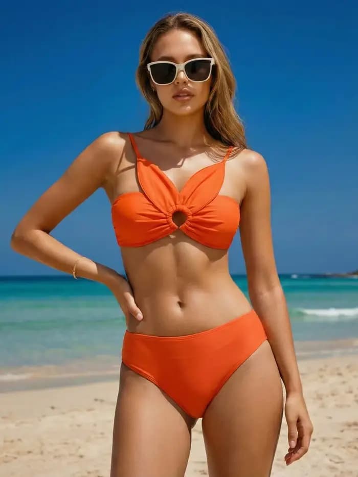 2026 Ensemble de bikini deux pièces orange pour femme, à découpes, froncé, dos ouvert, push-up, effe
