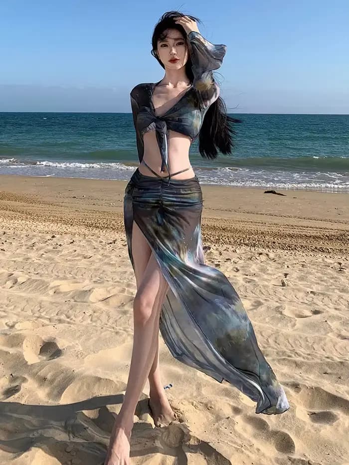 Maillot de bain coréen pour femmes, Sexy, noir, teinture par nouage, manches longues, jupe longue, e