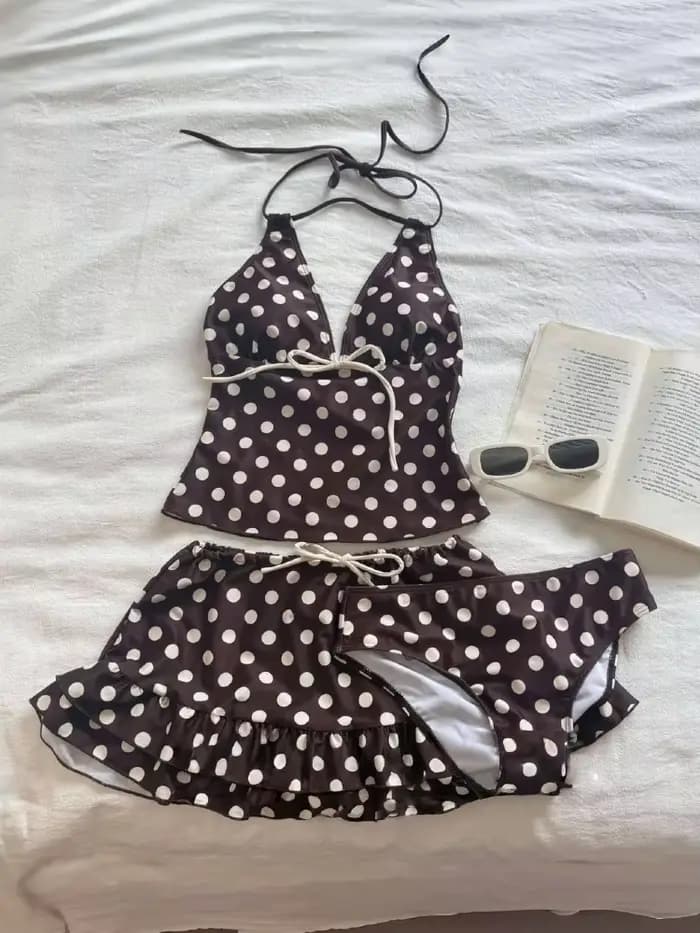Maillot de bain vintage Y2K pour femme, ensemble bikini sexy dos nu avec haut court triangle et jupe