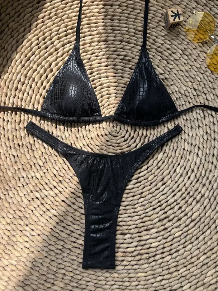 Brillant noir peau de serpent imprimé Bikini ensemble 2025 femmes de luxe diamant dos string maillot