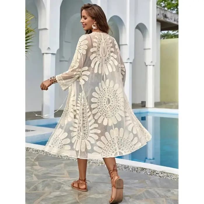 Nouvelle Robe de Plage Anti-UV Col V Tournesol pour Femme, Cache-maillot Brodé en Dentelle Printemps