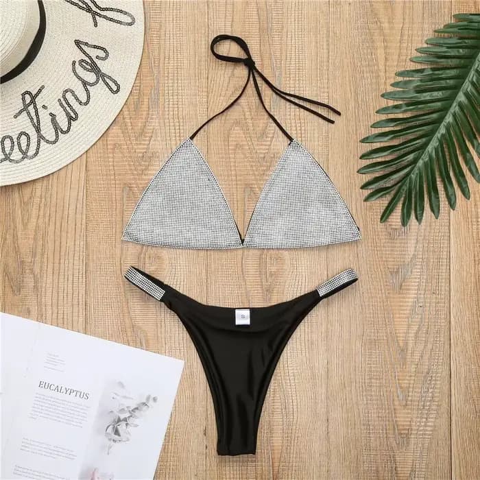Bikini 2026 Sexy avec Strass Diamantés, Maillot de Bain Uni pour Femme, Ensemble Bikini Triangle Hal