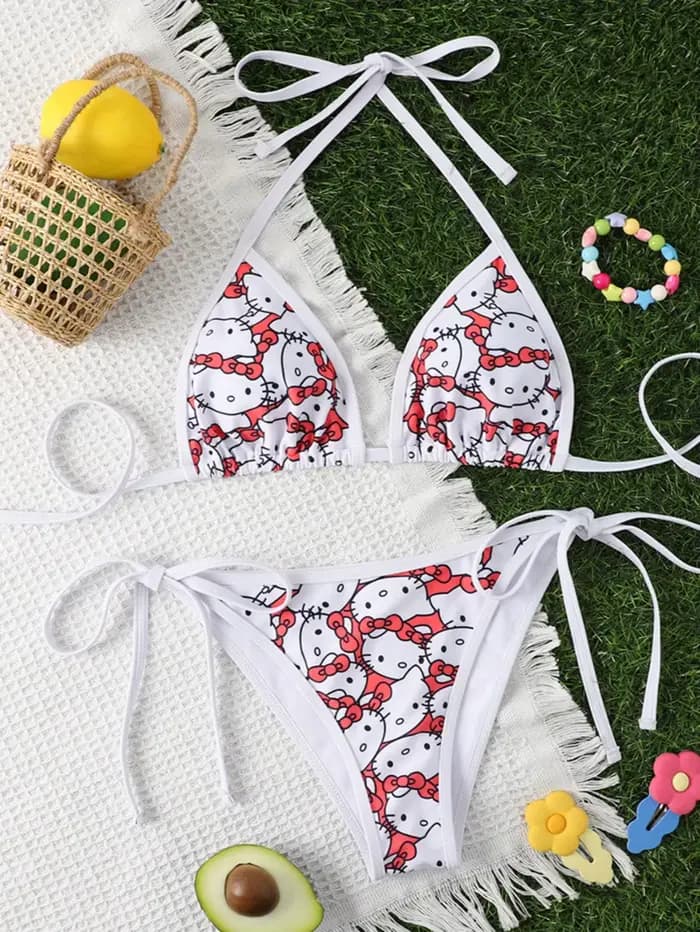 Bikini à col licou imprimé Hello Kitty pour femme, maillot de bain taille basse à nouer sur les côté